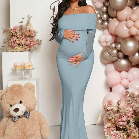 Baby Blue Elegant Women's Maternity Foldover Off Shoulder Mermaid Hem Dress - Picture 1 of 7